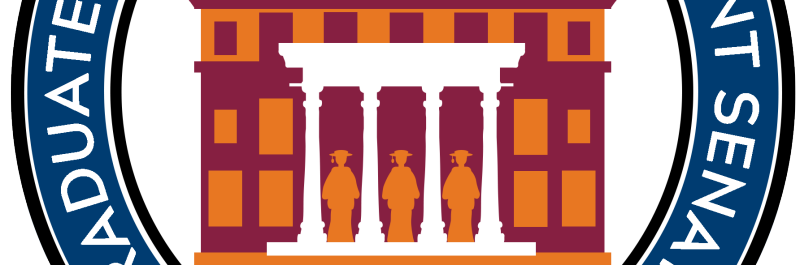 the logo has a stylized image of the Donaldson Brown facade with three graduates standing between the four pillars of the entry way. The building is in maroon with orange window on the first floor, orange with maroon windows on the upper floor and the roof is maroon with white window frames. The cupola at the top is maroon sitting atop orange. The words Graduate student assembly of virginia tech are in white superimposed on a circle of cadet blue. The blue circle is bounded inside and out by black circles.