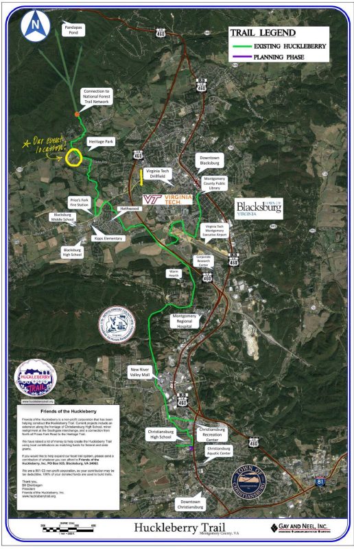aerial map of the entire huckleberry trail route with landmarks highlighted