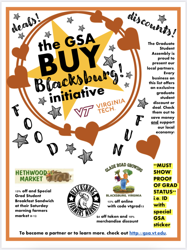 image of initial gsa buy blacksburg initiative flyer first contributing vendors are hethwood market with 15% off, Glade road growing with 15% off using code vtgrad15 and glacksburg farmers market for $4 off token and 15% merchandise discount. Must pick up sticker from GLC main desk  to prove participation