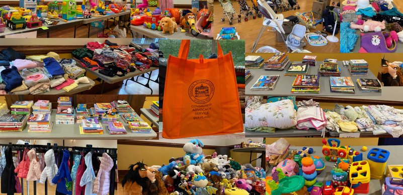 the GSA official reusable tote is centered in the image, surrounded by images of children's books, clothing, toys, and other handy items that are traditionally given out during the event each year