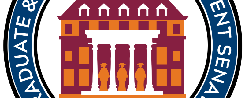 GPSS logo featuring a stylized GLC in maroon, orange, and white, with images of three graduates standing, surrounded by the words Graduate Student Assembly of VT on blue