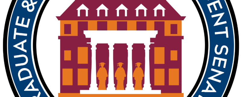 GPSS logo featuring a stylized GLC in maroon, orange, and white, with images of three graduates standing, surrounded by the words Graduate Student Assembly of VT on blue