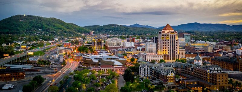 an image of the roanoke skyline just before sunset