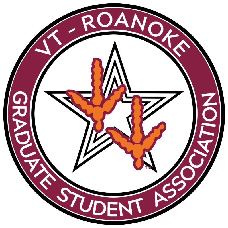 the roanoke gsa logo featuring the easily recognizable Roanoke three layer star and hokie prints superimposed on them. the outer band of the circular logo is in hokie maroon and say vt-roanoke graduate student association