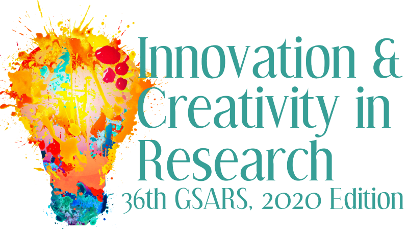the logo for the 36th Annual Graduate Student Assembly Research Symposium is a multi-colored light bulb, exploding with possibilities, on a white background with teal text