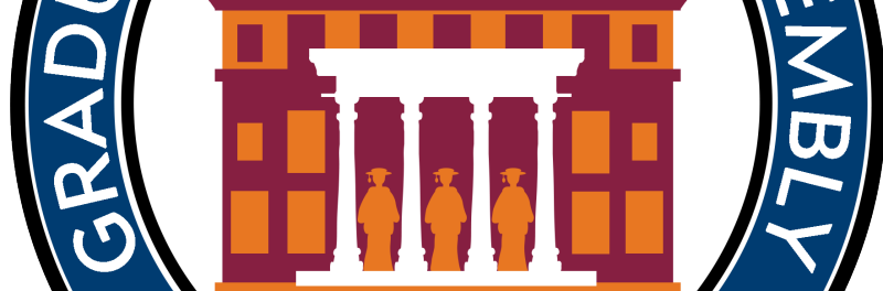 the logo has a stylized image of the Donaldson Brown facade with three graduates standing between the four pillars of the entry way. The building is in maroon with orange window on the first floor, orange with maroon windows on the upper floor and the roof is maroon with white window frames. The cupola at the top is maroon sitting atop orange. The words Graduate student assembly of virginia tech are in white superimposed on a circle of cadet blue. The blue circle is bounded inside and out by black circles.